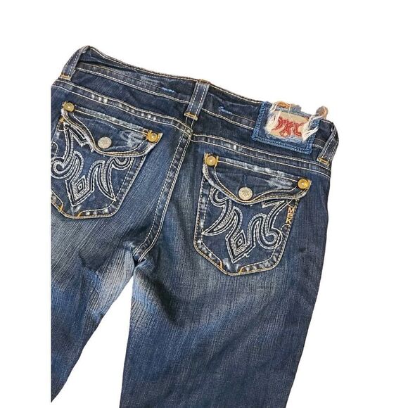 MEK Jeans Denim DARK Blue OAXACA Jeans, Boot Cut By Miss Me | 28 Big Stitch EUC - Picture 7 of 15